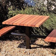 wood table with attached seating