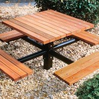 wood table with attached seating