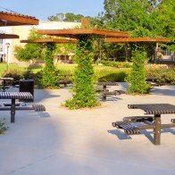 recycled steel table with attached seating