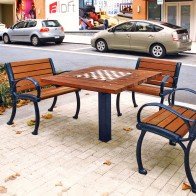 wood table and chairs with ductile iron end frames