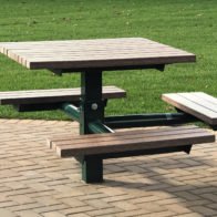 wood table with attached seating