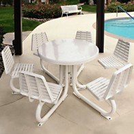 round steel table with attached seating